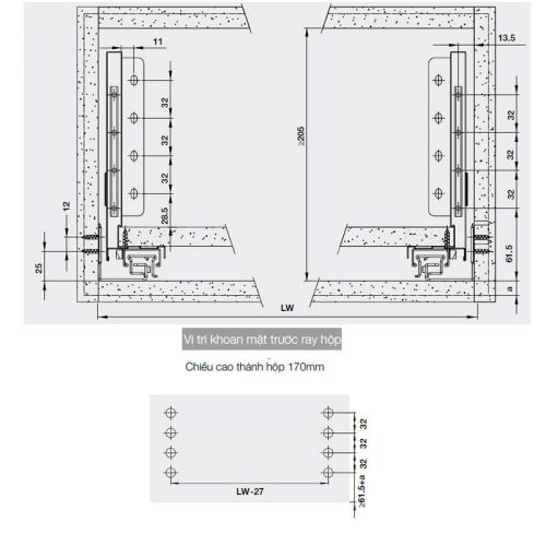 Lắp đặt ray hộp Hafele 552.35.755 Alto S PTO trắng mờ H170/500mm