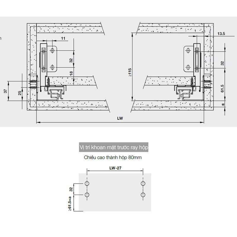 Lắp đặt ray hộp Hafele 552.55.316 Alto-S H80 mm màu xám đậm Lắp đặt ray hộp Hafele 552.55.316 Alto-S H80 mm màu xám đậm