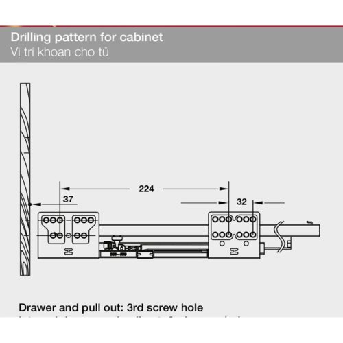 Vị trí khoan ray hộp Hafele 552.77.085 Alto màu xám, H135X500m