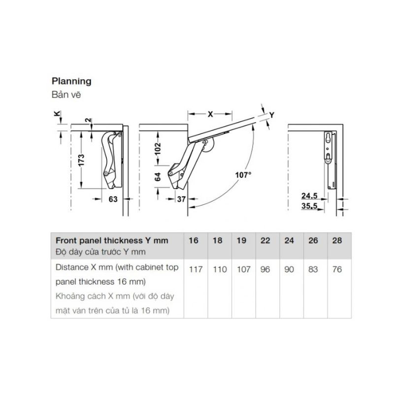 Bản vẽ của tay nâng Hafele Free Space 1.11 B 493.05.910 Bản vẽ của tay nâng Hafele Free Space 1.11 B 493.05.910
