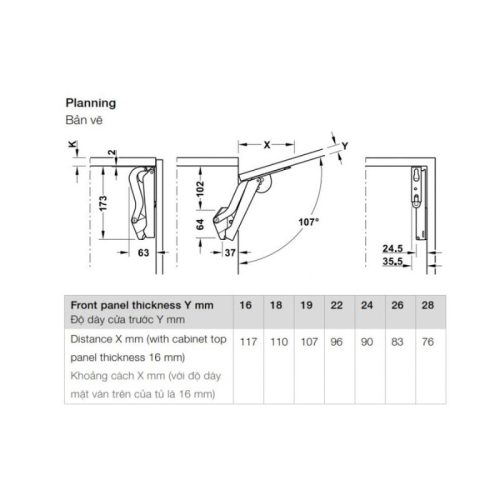 Tay nâng Hafele Free Space 1.11 C 493.05.921 4 Bản vẽ của tay nâng Hafele Free Space 1.11 C 493.05.921