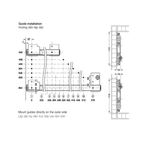 Hướng dẫn lắp đặt của phụ kiện cửa trượt xoay ray 340mm Slido Eclip 16IF/VF Hafele 408.25.335