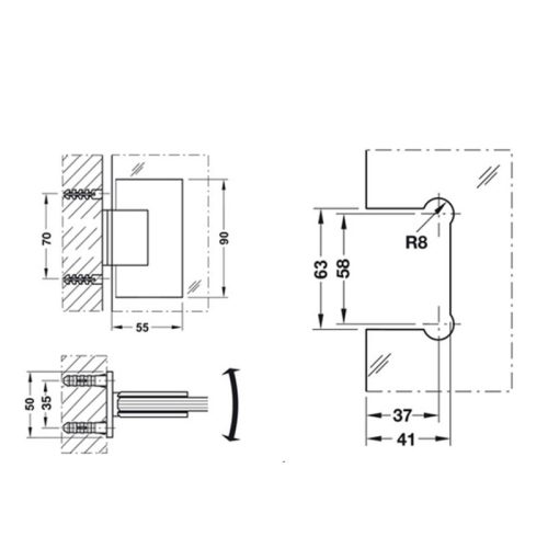 Kích thước bản lề cửa phòng tắm kính 90° Hafele 499.05.804