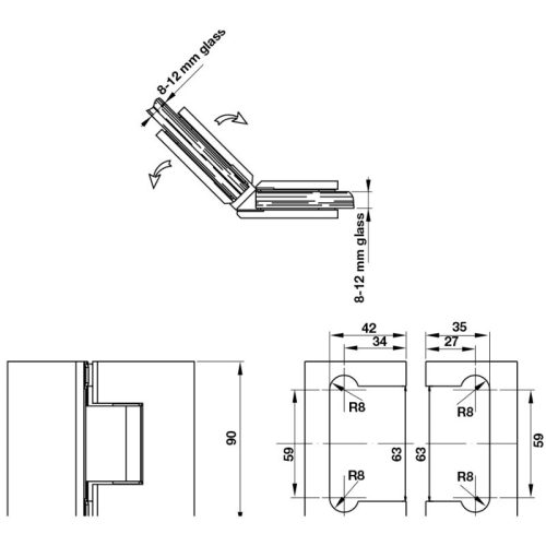 Kích thước bản lề kính - kính 135º màu đen Hafele 981.77.905