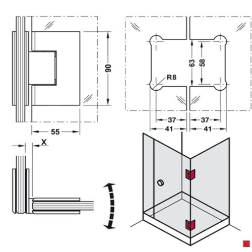 Kích thước bản lề kính – kính 90 độ Häfele DIY 499.05.805