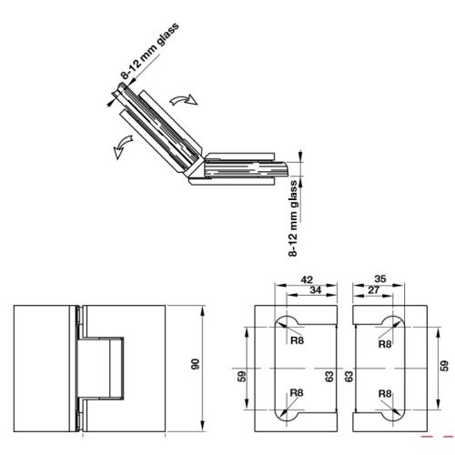 Kích thước bản lề kính - kính 90º màu đen Hafele 981.77.907