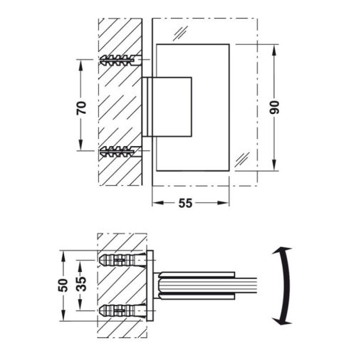 Kích thước bản lề kính tường 90º Hafele 981.00.503