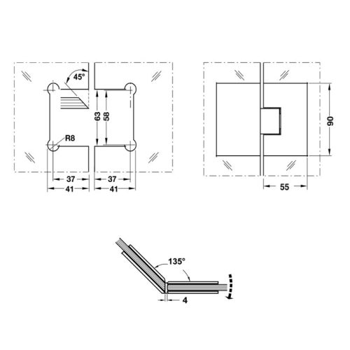 Kích thước bản lề phòng tắm kính 135º Hafele 981.00.523