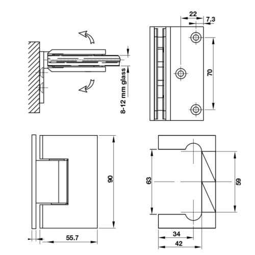Kích thước bản lề phòng tắm kính 90º Hafele 981.77.908