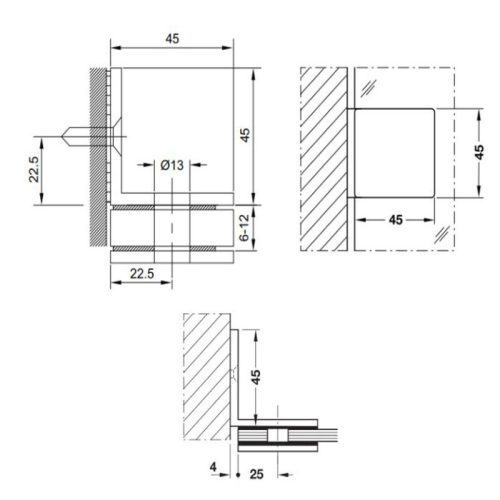 Kích thước bản lề phòng tắm kính tường 90º Hafele 981.00.502