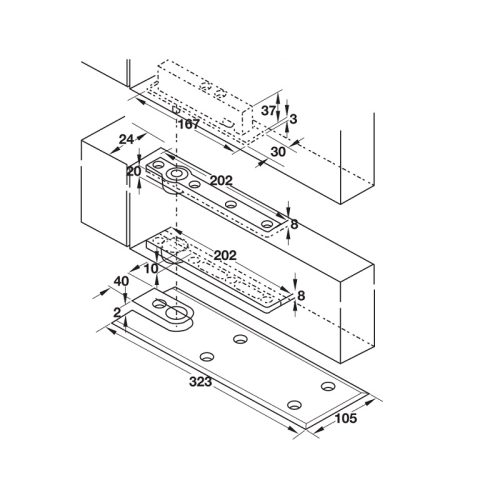 Kích thước Bộ kẹp thẳng tâm inox mờ Hafele 932.86.932