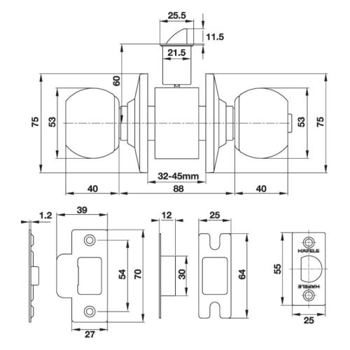 Kích thước bộ khóa 4 ổ khóa tròn và chìa chủ Hafele 489.93.253