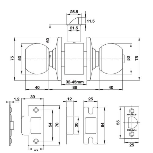 Kích thước khóa tay nắm tròn cửa đi Hafele 489.93.130