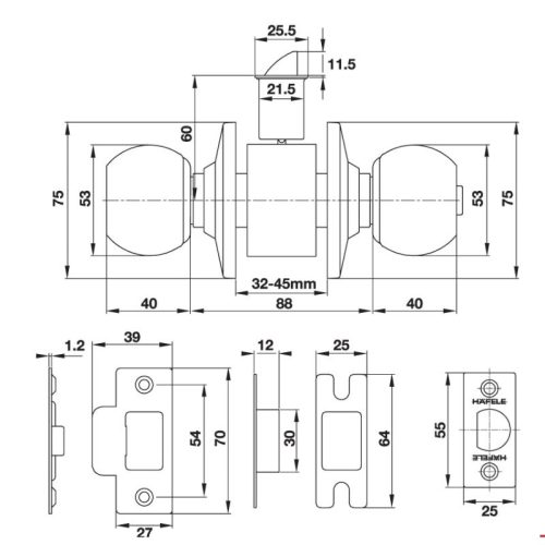 Kích thước bộ khóa tay nắm tròn cửa WC Hafele 489.93.137