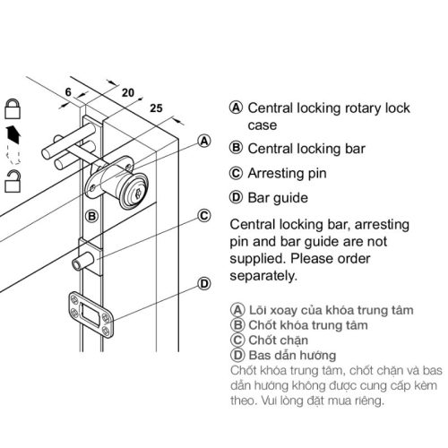 Kích thước bộ khóa trung tâm Symo với then khóa Hafele 234.99.984