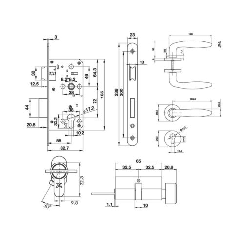 Kích thước bộ tay nắm gạt 140x55mm Häfele DIY 499.63.801
