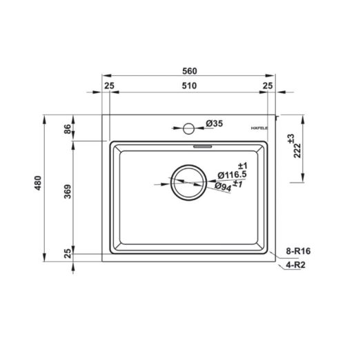 Kích thước chậu rửa bát đá 1 hố Hafele Essence HS22-GEN1S60M 577.25.520