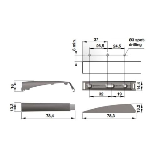 Kích thước đế cho nêm nhấn loại dài Hafele 356.12.527
