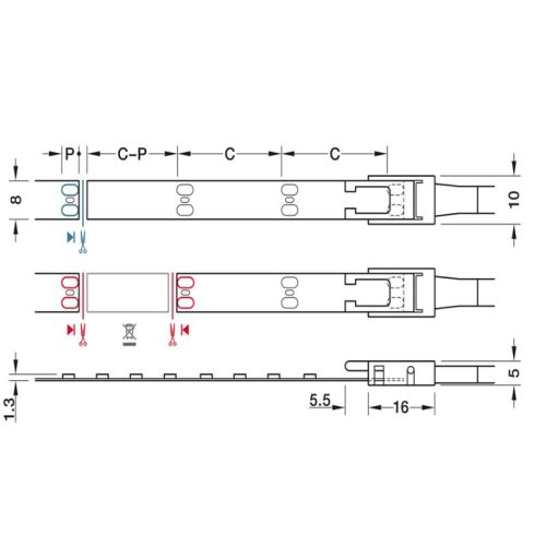 Kích thước đèn Led dây 8mm 24V đơn sắc Hafele 833.76.354