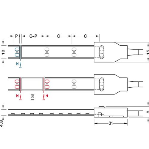 Kích thước đèn Led dây Silicone 8mm 12V Hafele 833.74.349