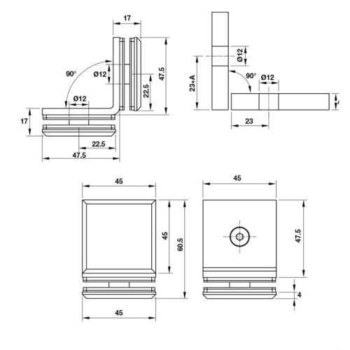 Kích thước kẹp kính 90º phòng tắm kính Hafele 981.77.916