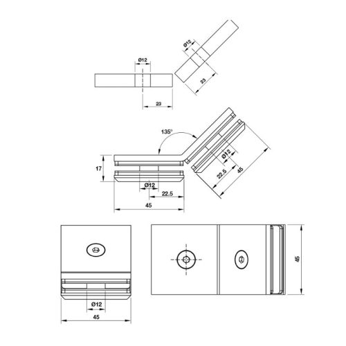 Kích thước kẹp kính - kính phòng tắm 135º Hafele 981.77.914