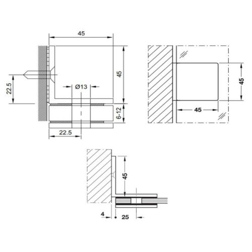 Kích thước kẹp kính - tường nhà tắm 90º có đế Hafele 981.00.542