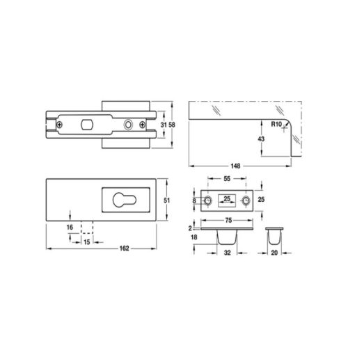 Kích thước khóa kẹp chân kính với lỗ ruột khóa PC Hafele 981.00.403
