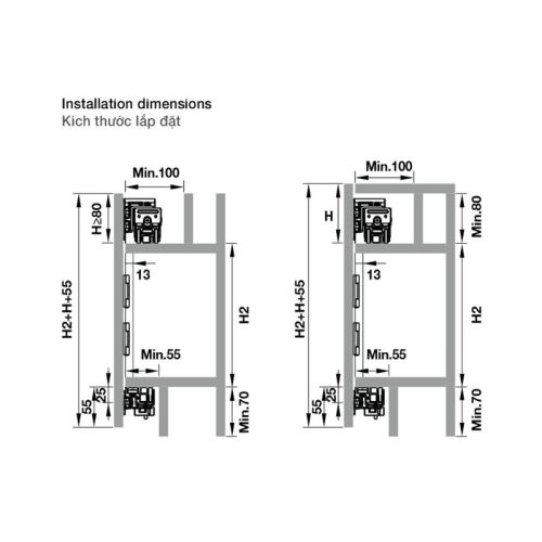Kích thước lắp đặt của Phụ kiện cửa trượt tủ Slido Fold 20VF Hafele 401.30.009