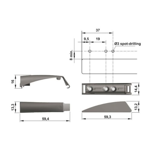 Kích thước nắp che và đế cho nêm nhấn loại vừa Hafele 356.12.526