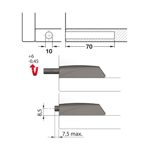 Kích thước nêm nhấn dài đầu cao su Hafele 356.12.517