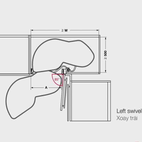 Kích thước rổ góc LeMans II 4 khay màu đen xoay trái Hafele 541.29.483