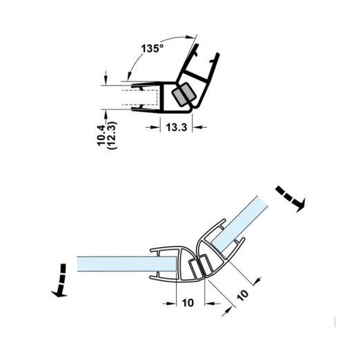 Kích thước ron cửa kính 8 - 10mm nam châm 135º Hafele 950.50.036