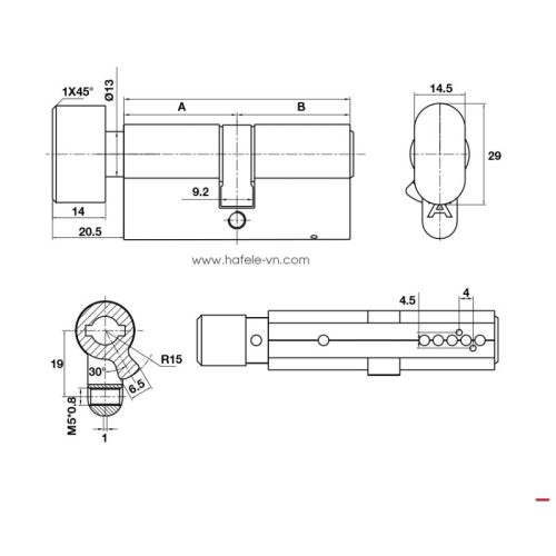 Kích thước ruột khóa 1 đầu vặn 1 đầu chìa 71mm Hafele DIY 489.56.004