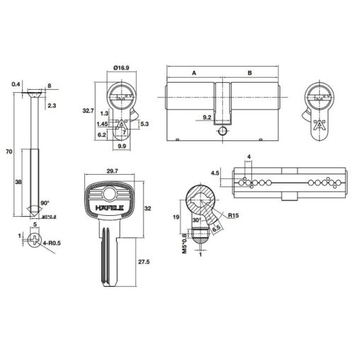 Kích thước ruột khóa 2 đầu chìa 65mm Hafele DIY 489.56.002