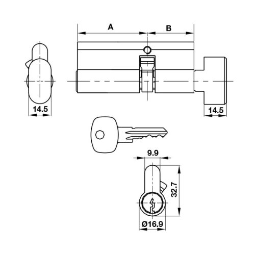 Kích thước ruột khóa cửa nhôm 1 đầu vặn 1 đầu chìa 75mm Hafele 916.96.535