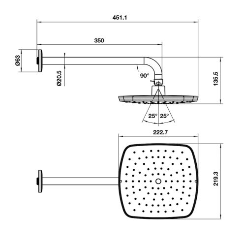 Kích thước Sen đầu gắn tường New Mysterious 219S Hafele 485.60.700