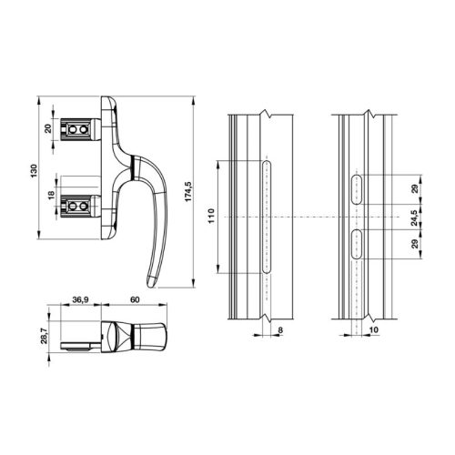 Kích thước tay nắm cửa nhôm Unica Apex Hafele 972.05.088