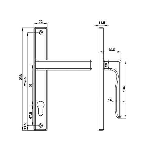 Kích thước tay nắm gạt cửa nhôm 92mm HL949ED-92 Hafele 905.99.304