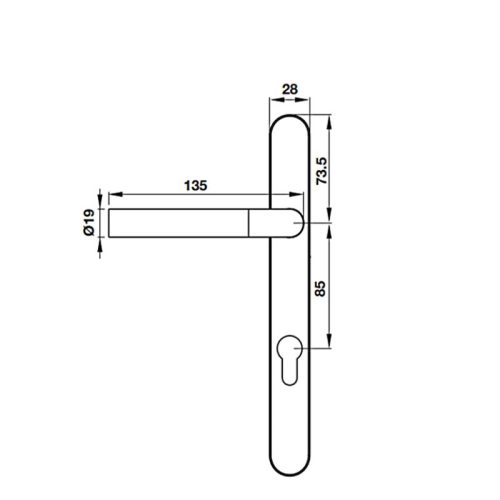 Kích thước tay nắm gạt mở phải C/C 85mm Hafele 903.92.262