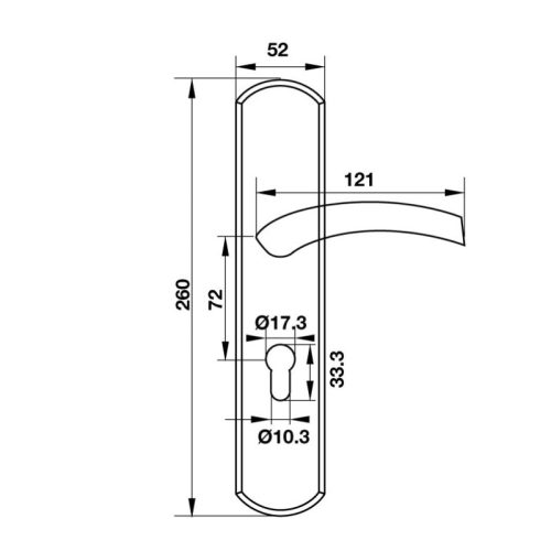 Kích thước tay nắm gạt mở trái C/C 72MM Hafele 903.99.319