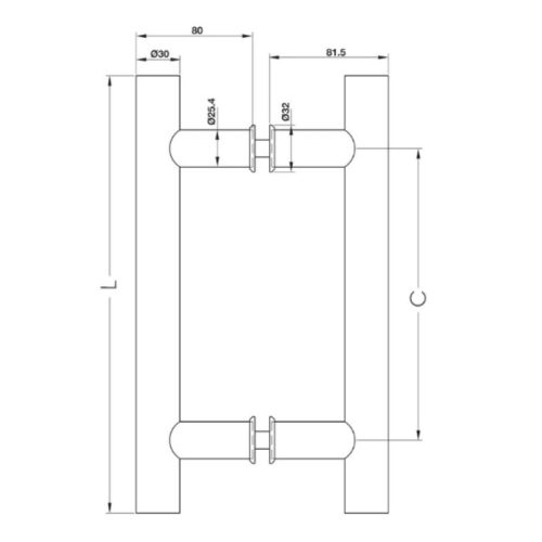 Kích thước tay nắm kéo chữ H dài 600 mm Hafele 903.01.803