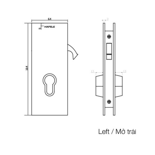 Kích thước thân khóa cửa trượt kính mở trái Hafele 981.59.100