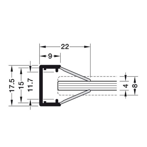 Kích thước thanh nhựa nẹp cạnh thủy tinh Hafele 833.74.733