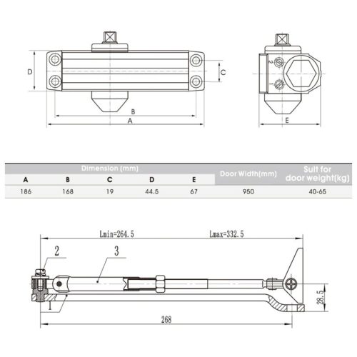 Kích thước thiết bị đóng cửa tự động 45Kg EN2 Hafele 489.30.012