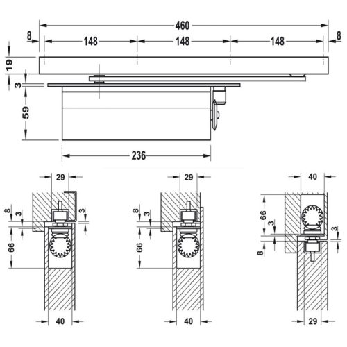 Kích thước thiết bị đóng cửa tự động lắp âm 130Kg Hafele 931.84.005