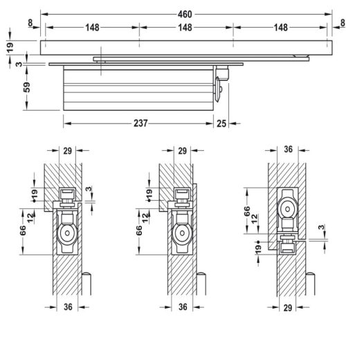 Kích thước thiết bị đóng cửa tự động lắp âm 80Kg Hafele 931.84.269
