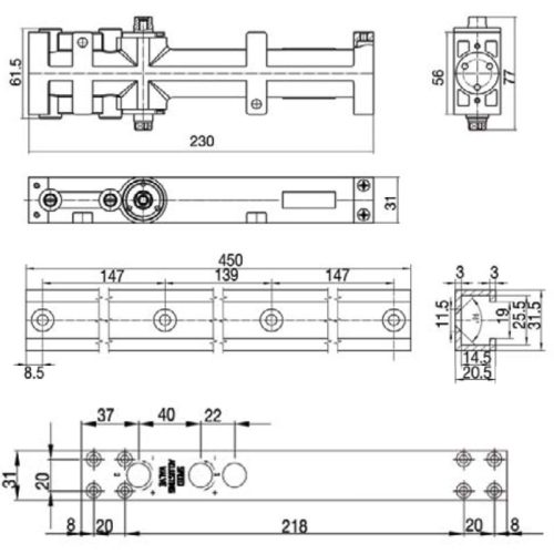 Kích thước thiết bị đóng cửa tự động lắp âm 80Kg Hafele 931.84.921