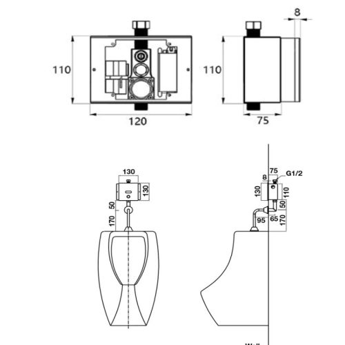 Kích thước van cảm ứng bồn tiểu nam Hafele 588.78.500