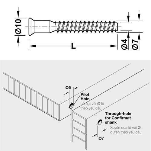 Kích thước vít Confirmat 50mm Hafele 264.43.190